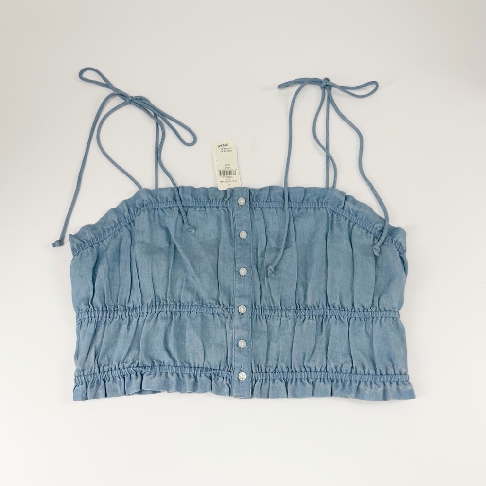 Aerie Top Womens Small Blue Chambray Crop Shirt Tie Straps Blouse NWT